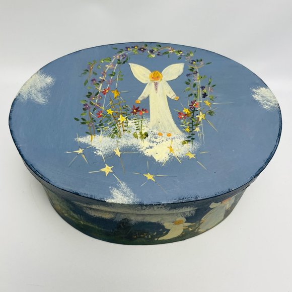 Hand Painted Angels Scene 8.5" Oval Lidded Cardboard Storage Trinket Box Vtg - Picture 1 of 11